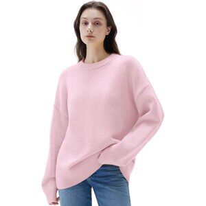 Women Cashmere Blend Oversized Crew Neck Powder Pink Soft Warm Pullover Sweater